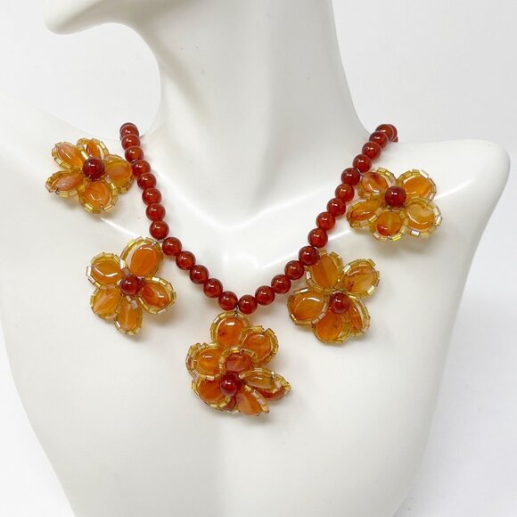 Floral Statement Necklace Boho Red Orange Carnelian Stone Chunky Bib Style - Picture 2 of 12